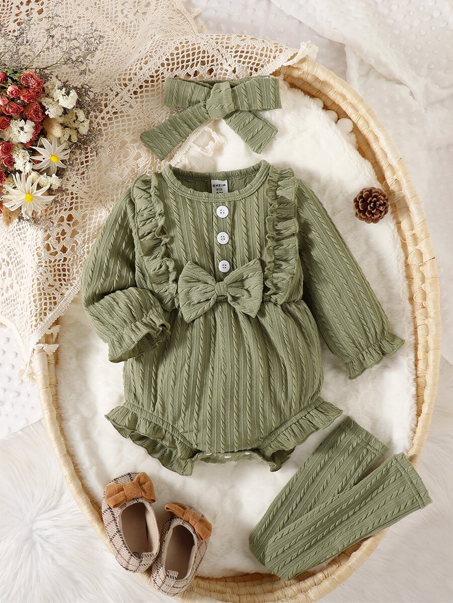 嬰兒荷葉邊前蝴蝶結連體衣和頭巾 - 綠色 - 查看 1