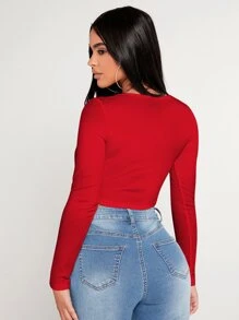SHEIN PETITE Square Neck Asymmetrical Hem Tee - Red - View 2