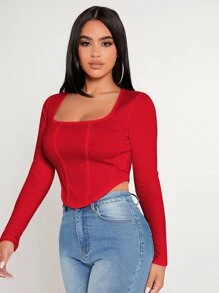 SHEIN PETITE Square Neck Asymmetrical Hem Tee - Red - View 3