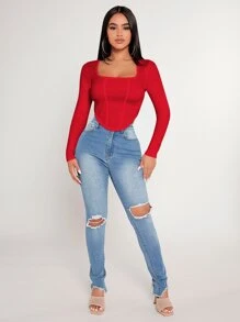 SHEIN PETITE Square Neck Asymmetrical Hem Tee - Red - View 4