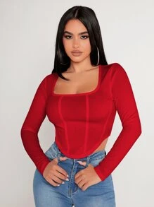 SHEIN PETITE Square Neck Asymmetrical Hem Tee - Red - View 5