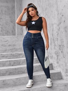 SHEIN Essnce Plus Size Front Button Pocket Simple Casual Jeans