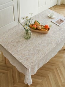 Floral Embroidered Scallop Trim Tablecloth - White - View 1