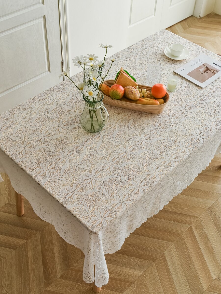 Floral Embroidered Scallop Trim Tablecloth - White - View 1