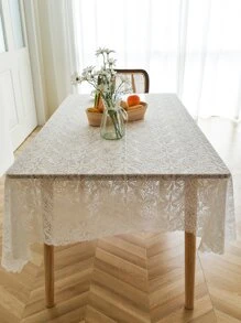 Floral Embroidered Scallop Trim Tablecloth - White - View 2
