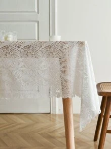Floral Embroidered Scallop Trim Tablecloth - White - View 3