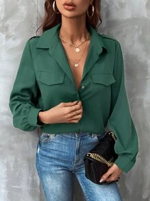 SHEIN Unity Solid Flap Detail Button Through Shirt - Green - View 2