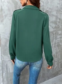 SHEIN Unity Solid Flap Detail Button Through Shirt - Green - View 3