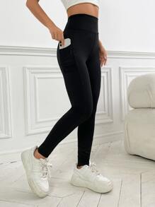 SHEIN Essnce Solid Pocket Detail Leggings - Black - View 3