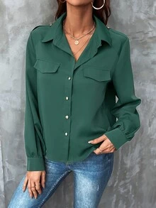 SHEIN Unity Solid Flap Detail Button Through Shirt - Green - View 4