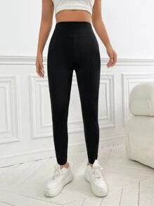 SHEIN Essnce Solid Pocket Detail Leggings - Black - View 4