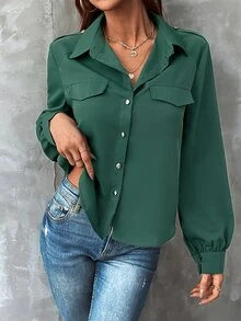 SHEIN Unity Solid Flap Detail Button Through Shirt - Green - View 5
