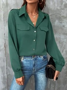 SHEIN Unity Solid Flap Detail Button Through Shirt - Green - View 6