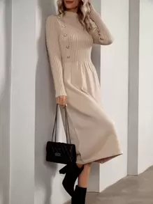 Chiquease Mock Neck Button Detail Jumper Dress - Khaki - View 1