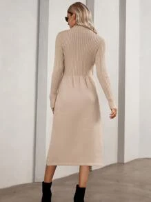 Chiquease Mock Neck Button Detail Jumper Dress - Khaki - View 2