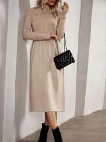 Chiquease Mock Neck Button Detail Jumper Dress - Khaki - View 4