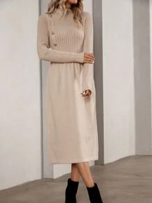 Chiquease Mock Neck Button Detail Jumper Dress - Khaki - View 5
