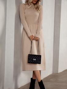 Chiquease Mock Neck Button Detail Jumper Dress - Khaki - View 6