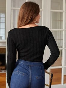 SHEIN Frenchy Lace Trim Button Front Cable Knit Tee Winter Black - Black - View 2