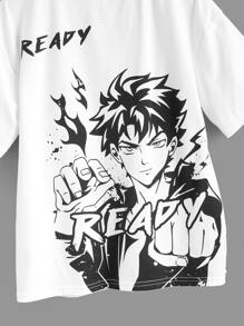 SHEIN 男孩字母任務圖案落肩T恤 - 白色 - 查看 4