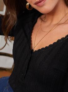 SHEIN Frenchy Lace Trim Button Front Cable Knit Tee Winter Black - Black - View 6