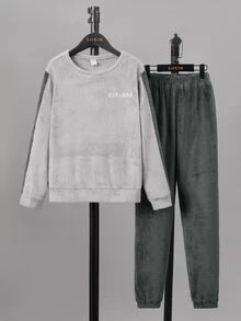 SHEIN Boys Letter Embroidery Flannel PJ Set - Multicolor - View 5