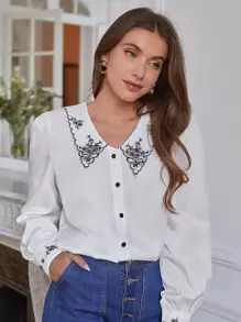 SHEIN Frenchy Floral Embroidery Button Front Blouse - White - View 1