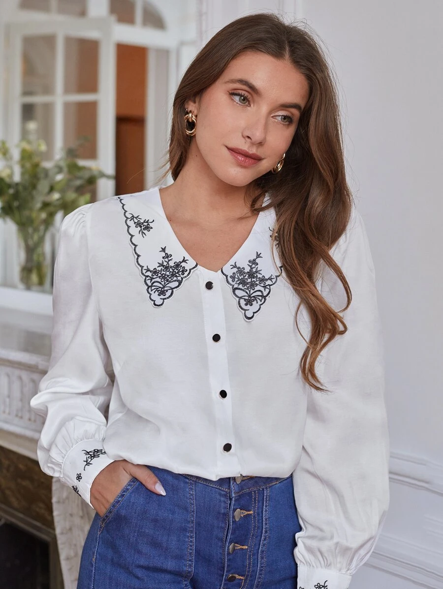 SHEIN Frenchy Floral Embroidery Button Front Blouse - White - View 1