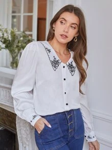 SHEIN Frenchy Floral Embroidery Button Front Blouse - White - View 4