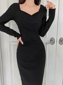 DAZY Cổ Trái tim Đan chéo Váy bodycon - màu đen - Xem 4