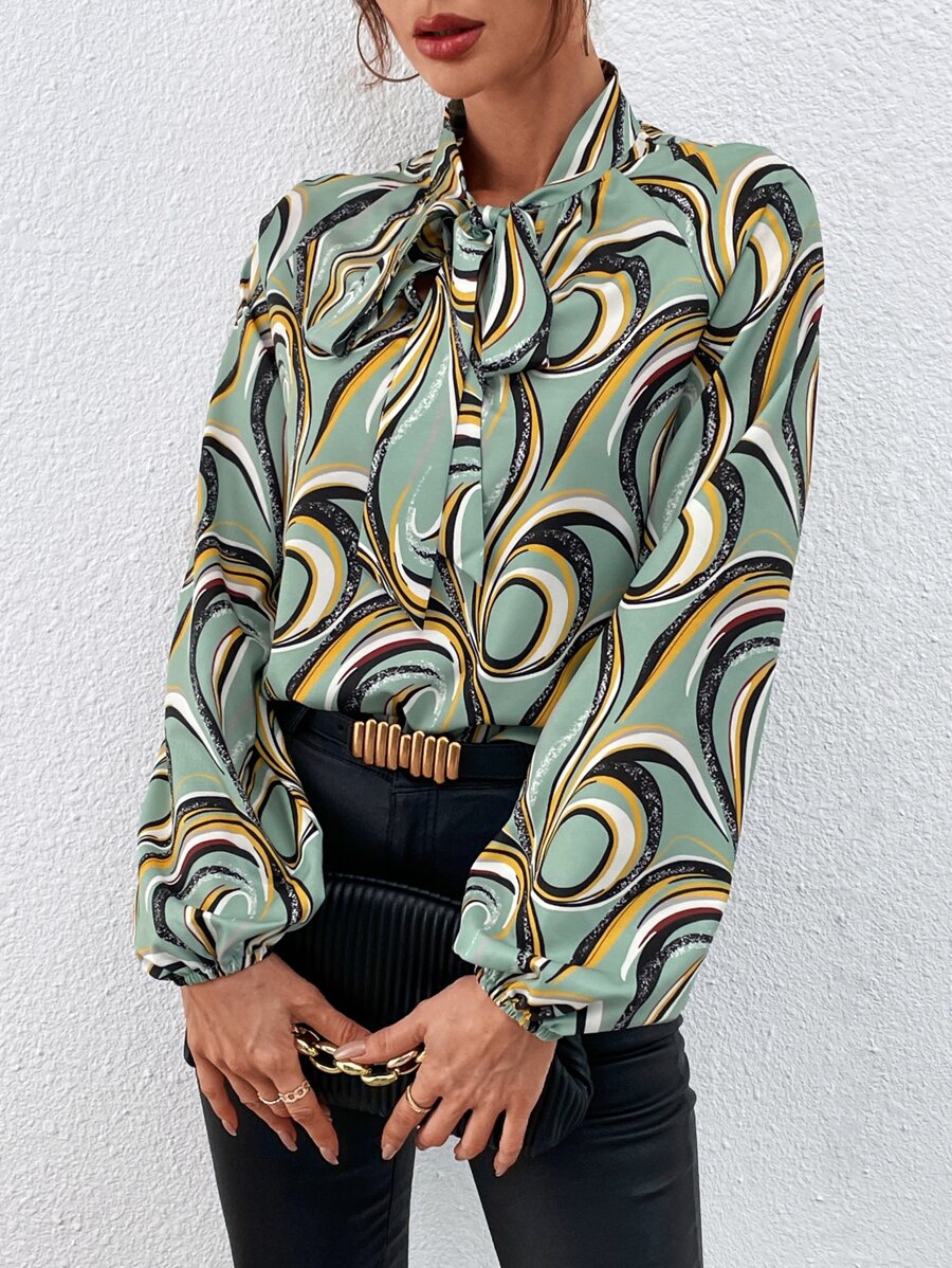 SHEIN LUNE Allover Print Tie Neck Lantern Sleeve Blouse - Mint Green - View 1