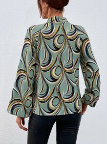 SHEIN LUNE Allover Print Tie Neck Lantern Sleeve Blouse - Mint Green - View 2