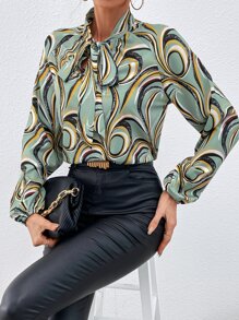 SHEIN LUNE Allover Print Tie Neck Lantern Sleeve Blouse - Mint Green - View 4