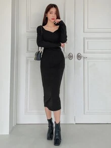 DAZY Cổ Trái tim Đan chéo Váy bodycon - màu đen - Xem 5