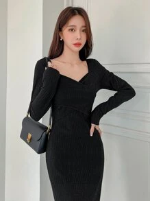 DAZY Cổ Trái tim Đan chéo Váy bodycon - màu đen - Xem 6