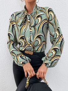 SHEIN LUNE Allover Print Tie Neck Lantern Sleeve Blouse - Mint Green - View 6