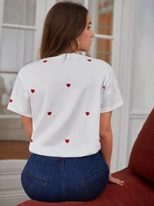 SHEIN LUNE Romantic Heart Printed Round Neck Short Sleeve T-Shirt - White - View 2
