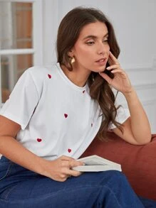 SHEIN LUNE Romantic Heart Printed Round Neck Short Sleeve T-Shirt - White - View 4