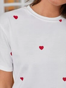 SHEIN LUNE Romantic Heart Printed Round Neck Short Sleeve T-Shirt - White - View 5