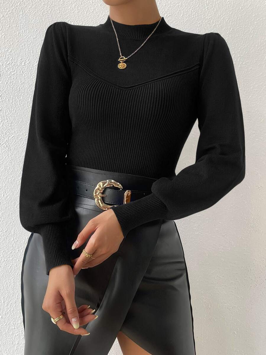 RosyDaze Mock Neck Lantern Sleeve Jumper - Black - View 1