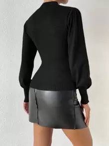 RosyDaze Mock Neck Lantern Sleeve Jumper - Black - View 2