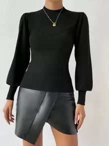 RosyDaze Mock Neck Lantern Sleeve Jumper - Black - View 6