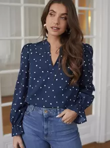 Chiquease 愛心圖案荷葉袖襯衫 - 藍色 - 查看 1