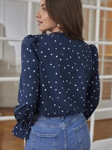 Chiquease 愛心圖案荷葉袖襯衫 - 藍色 - 查看 2