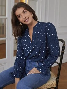 Chiquease 愛心圖案荷葉袖襯衫 - 藍色 - 查看 4