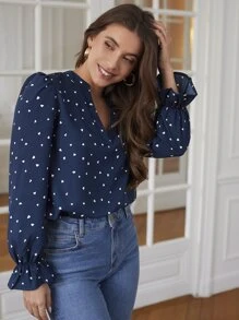 Chiquease 愛心圖案荷葉袖襯衫 - 藍色 - 查看 5