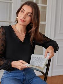 SHEIN Frenchy Áo sơ mi nữ Tương phản Mesh Thêu viền lá sen màu trơn Thanh lịch - màu đen - Xem 3