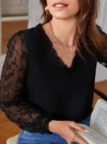 SHEIN Frenchy Áo sơ mi nữ Tương phản Mesh Thêu viền lá sen màu trơn Thanh lịch - màu đen - Xem 4