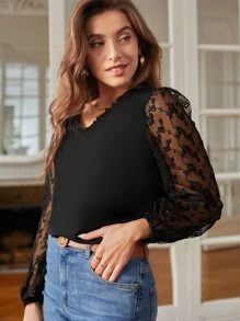 SHEIN Frenchy Áo sơ mi nữ Tương phản Mesh Thêu viền lá sen màu trơn Thanh lịch - màu đen - Xem 5