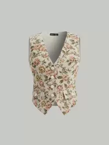 SHEIN MOD Floral Print Asymmetrical Hem Vest Blazer - Multicolor - View 1